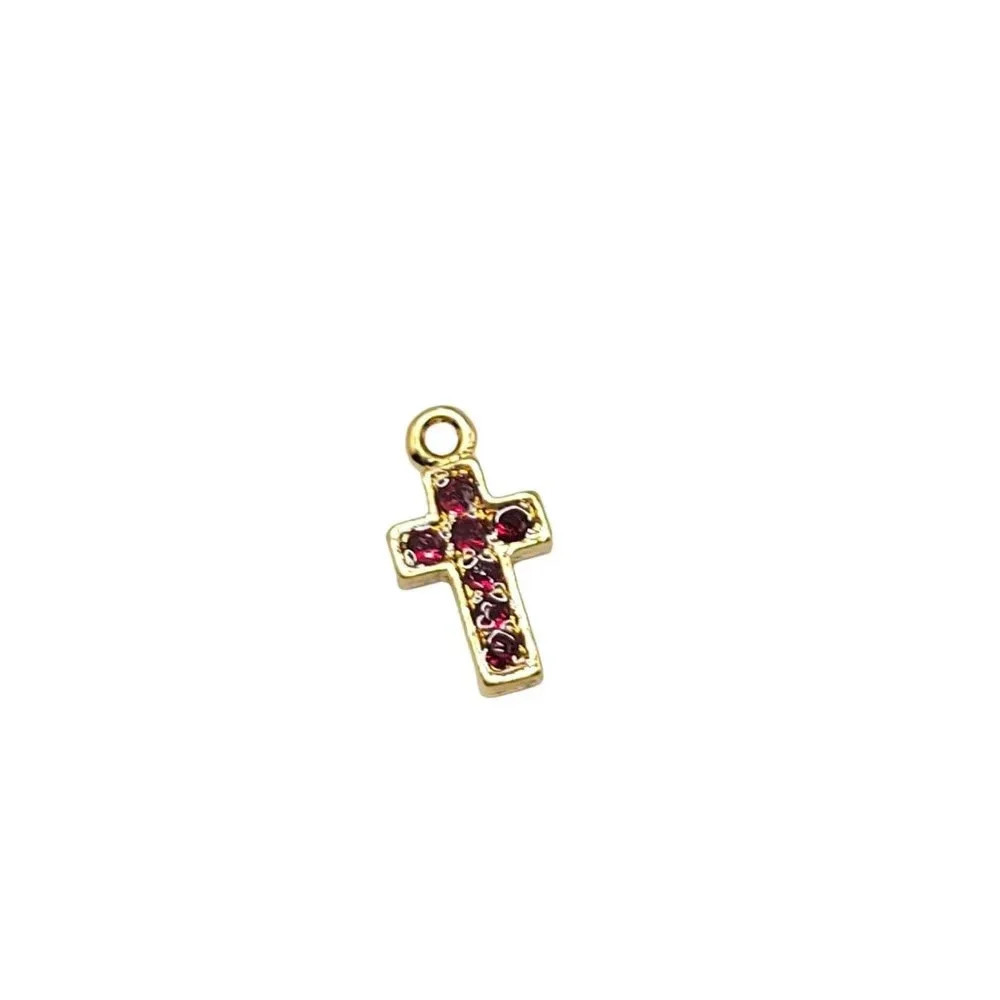 Red Rhinestone Gold Tone Mini Crucifix Cross Charm Pendant